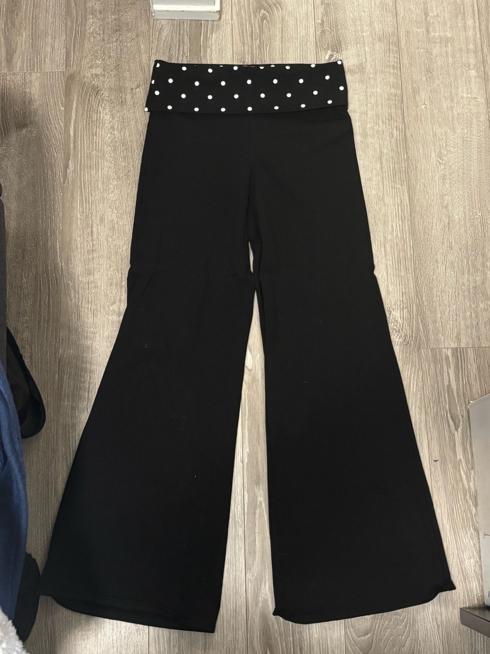 Edikted Black Flared Leggings with White Polka Dot Foldover Waistband